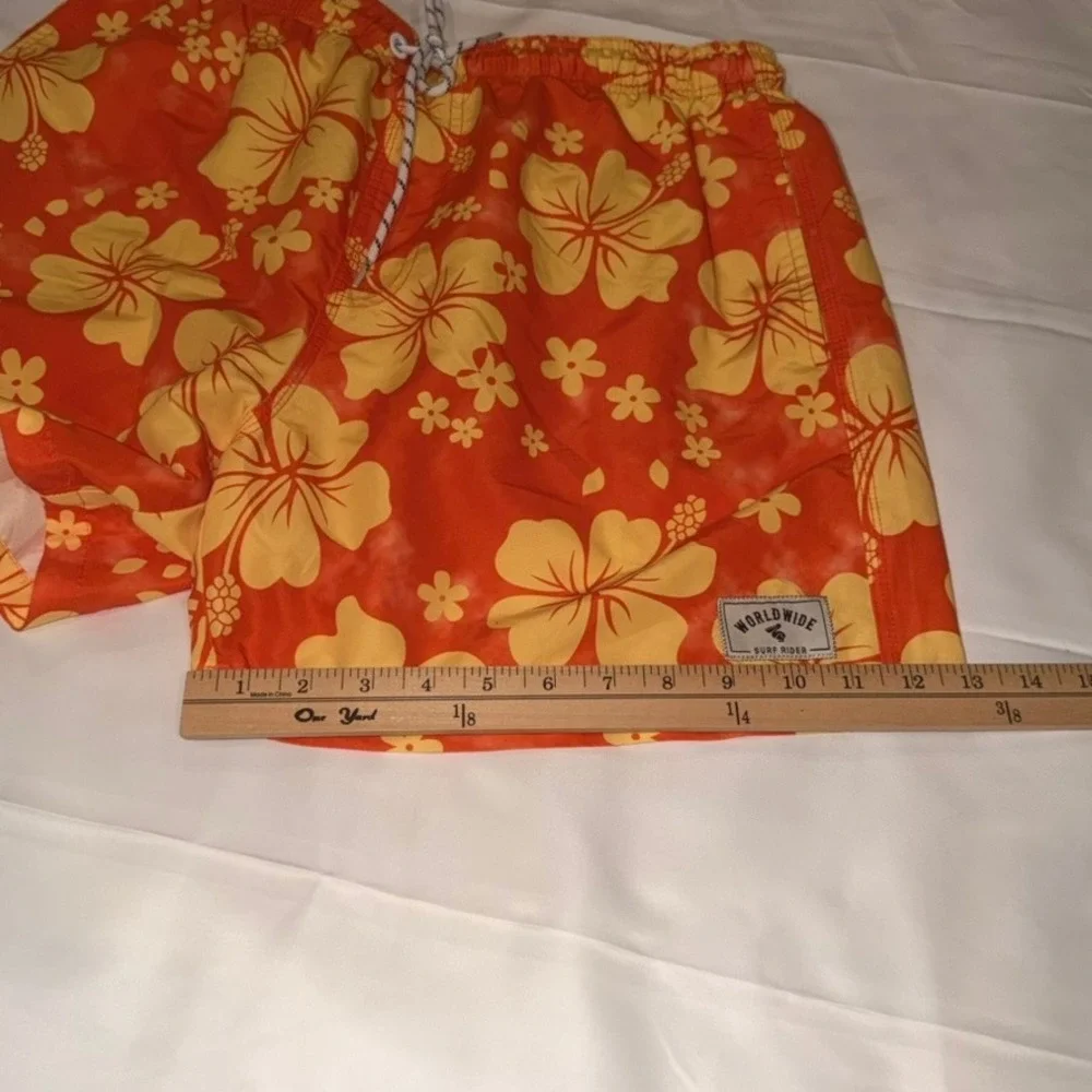 Worldwide Surf Rider Swim Trunks Mens‎ Medium Orange Yellow Hibiscus Floral